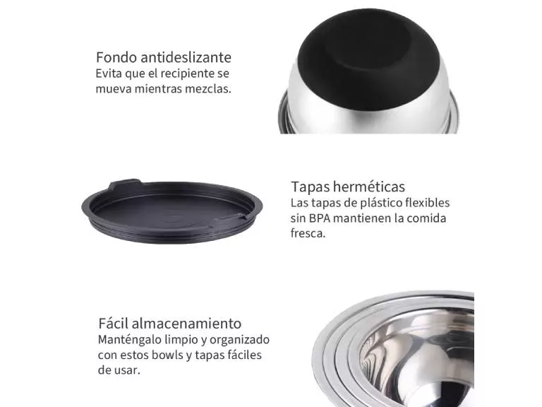 Set 3 Bowls con Tapa Acero Inoxidable Antideslizante Simplit