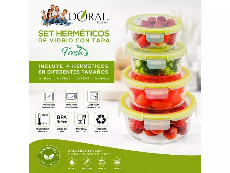 Set 4 Contenedores de Vidrio Redondos Fresh 390+650+950+1.300 ml
